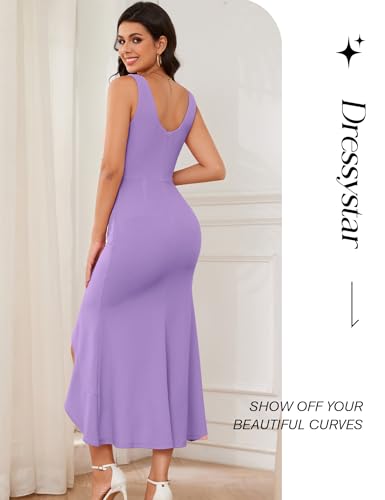 Image of Dressystar 2026 Women's Square Neck Bodycon Sleeveless Cocktail Dresses | wedding guest dresses for women, midi length, formal party dress, soft breathable stretchy material, slit ruffle hem design