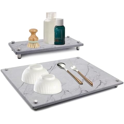 Stone Dish Drying Mat Bundle - Eco-Friendly Stone Drying Mat For Kitchen Counter & Stone Soap sink tray, Absorbant Diatomaceous Stone Kitchen Dish Drying Mat, Stone Dish Drying Mat W/ 8 Screw Legs Cover