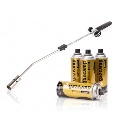 Gazcamp Unkrautbrenner, 76 cm, 1000°C, Piezo-Zündung und für für MSF-1A Kartuschen (mit Auswahl Anzahl der Kartuschen) (Unkrautbrenner + 4 Kartuschen)