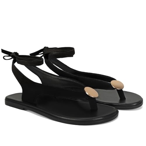 GTBINGGO Black Flat Sandals for Women Strappy Sandals Comfortable Dressy Beach Flip Flop Slides Thong Sandals for Women