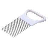 NOLITOY Soporte para Cortar Verduras y Frutas de Acero Inoxidable con Púas Mango Plástico Antideslizante Blanco para Tomates Cebollas y Patatas Protector de Manos para Rebanar Uniforme