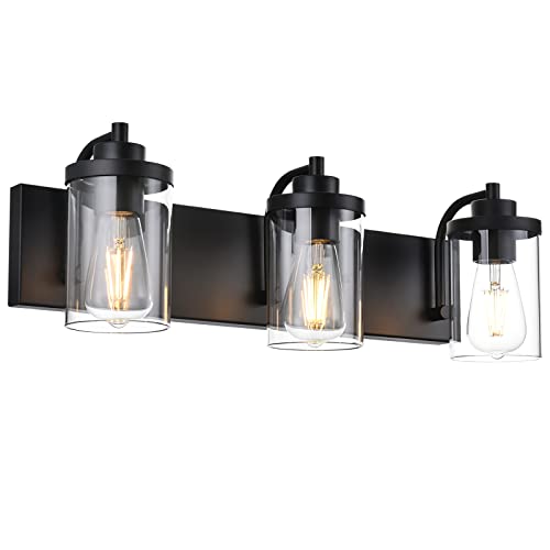 TODOLUZ 3-Light Black Bathroom Vanity Light Fixtures Industrial Wall Sconce Lighting with Clear Glass Shade for Living Room Kitchen Bedroom