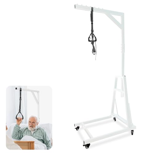 kuailebuy Trapeze Bar for Bed Mobility,Free Standing Trapeze Tar with Wheels,Bed Assist Bar,White Pull Up Assist Bar,5Ft-7Ft Height Adjustable, for Care Facilities,Hospital