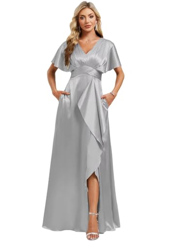 Image of Elegant Satin Bridesmaid Dress with Sleeves Ruffles High Silt Formal Dresses Long for Women Fall DIN022