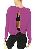 Bestisun Long Sleeve Workout Clothes Open Back Athletic Shirts Backless Yoga Tops for Women Fuchsia M