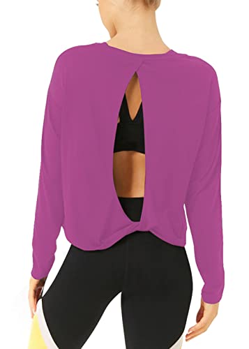 Bestisun Long Sleeve Workout Clothes Open Back Athletic Shirts Backless Yoga Tops for Women Fuchsia M