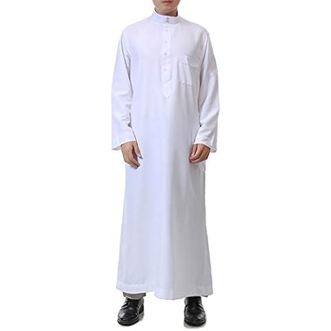 BooW Muslim Men Long Sleeve Thobe Middle East Saudi Arab Kaftan Islamic Abaya Dress Dubai Robes (White, L) Cover