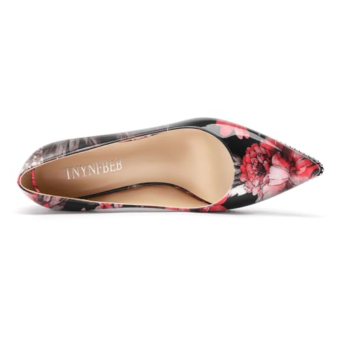 Image of TNYNFBEB Womens Mid Kitten Heel Pointed Toe Pumps Slip-on Silver Beaded Prom Party Dress Patent Leather 2.6 Inches Heels