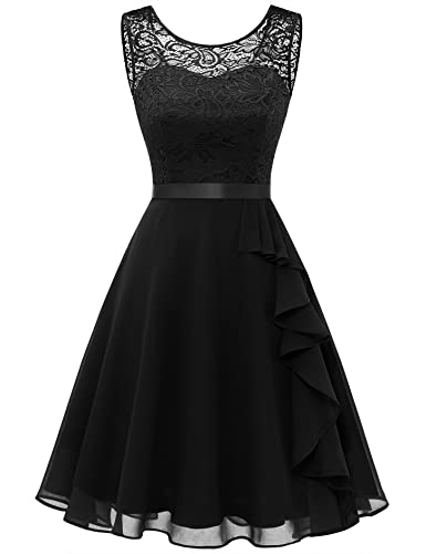 Berylove Women Prom Dresses For Teens Wedding Guest Sleeveless Elegant Lace Cocktail Formal Bridesmaid Party Dress Empire Waist Ruffle A Line Short Dresses 7052 Black Xl #TOP23