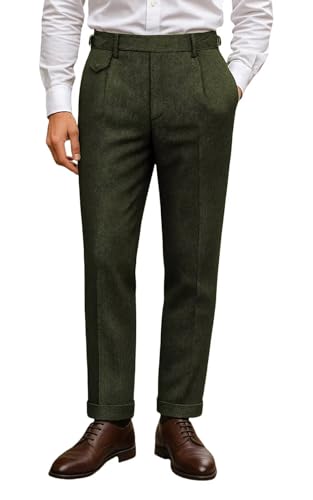 Men's Vintage Tweed Pants Herringbone Business Suit Pants Pleat