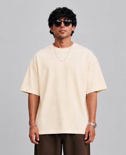 Image of PeaceOut Oversized T Shirt for Men | 240 GSM Heavyweight Cotton T Shirt | Drop Shoulder Oversized Tshirt for Men | Baggy Loose Fit Streetwear Round Neck Half Sleeve Casual Wear