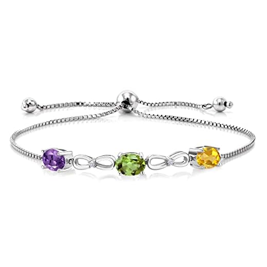 Gem Stone King 925 Sterling Silver Customized and Personalized 3 Gemstone Birthstone and White Lab Grown Diamond Tennis Infinity Bracelet For Women (2.27 Cttw, Adjustable up to 9 Inches)