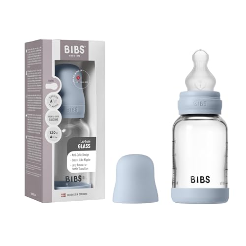 BIBS Baby Glass Bottle. Anticólicos. Tetina redonda de Silicona. Favorece la lactancia natural, 120ml, Complete Set - Baby Blue
