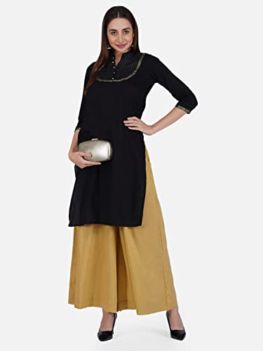 Image of fabcoast Loose Fit Palazzo Pants for Women A-Line Flared Wide Leg Summer Ethnic wear Pure Cotton Cambric with Full Elastic Waistband and 2 Side Pockets