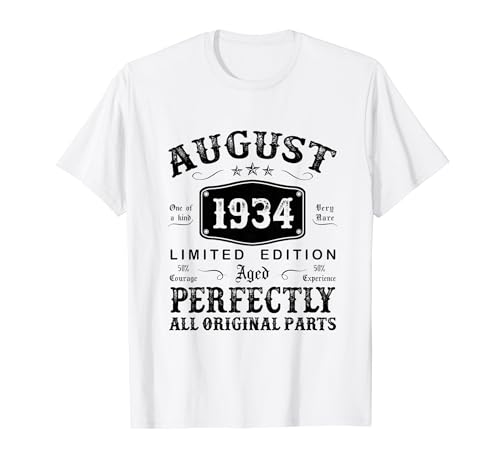 Regalo 90 Años Cumpleaños Hombre Original Agosto 1934 Camiseta