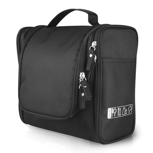 TS WITH TECHSUN Polyester Toiletry Cosmetic Makeup Bag For Women, Travel Organizer Waterproof Shower Wash Bag, Travel Kit Pack With Hanging Hook, Travel Essentials Pouch (Black), 5.7 Cm