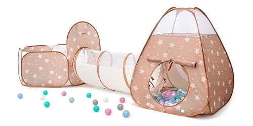 3 in 1 Pop Up Kids Play Tent with Tunnel and Ball Pit for Kids, Boys, Girls, Babies and Toddlers, Indoor/Outdoor Playhouse, Brown/Apricot