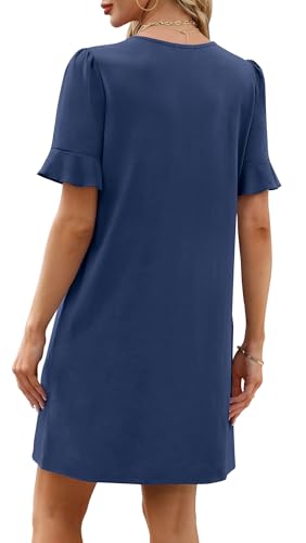 Image of OFEEFAN Summer Dresses for Women Ruffle Short Sleeve V Neck Casual Shift Dress with Pockets