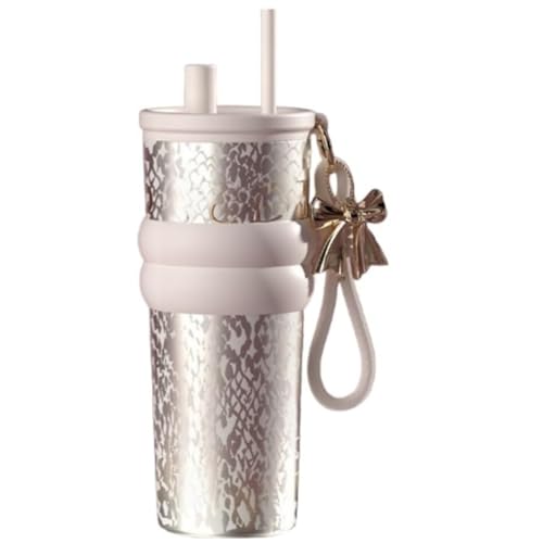 Cutdred セラミック内びん保温ボトル 大容量 女神シリーズ - 蝶チャーム&ストロー付き ギフトバッグ付属 ステンレス製軽量タンブラー 長時間保温保冷 日常・ギフト兼用 (ホワイト)