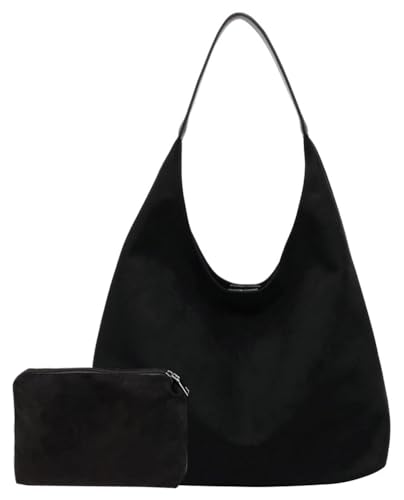 Bolsa de gamuza holgada para mujer, bolsa de hombro grande de gamuza marrón, bolsa de mano para oficina, viajes, axilas, Negro -, Medium