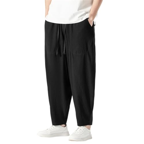 Men Linen Pants Baggy Pants Summer Ankle-Length Solid Color Bottom Pants