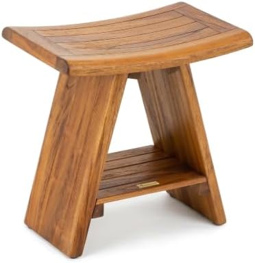 StrongTekStrongTek Teak Shower Stool with Shelf, 18 in, Curved Seat, 400 lb Capacity | Quick-Dry Slats, Water-Resistant Surface, Solid Construction, Easy-Access Shelf, Shower, Bathtub and Bathroom Use List Price: