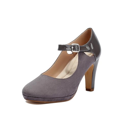 elerhythm Mary Jane - Zapatos de tacón para mujer, estilo retro, con tirantes, estilo vintage, estilo gatsby, gris, 40 EU