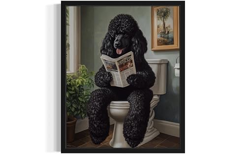 Image of Poodle Black on Toilet Black Framed Wall Art Print Poster, Dog Bathroom Humor Decor Posters Prints for Restroom Home Picture Painting Artwork Gallery 7 (Poodle Black, 10 inchL x 8 inchW, Black Frame)