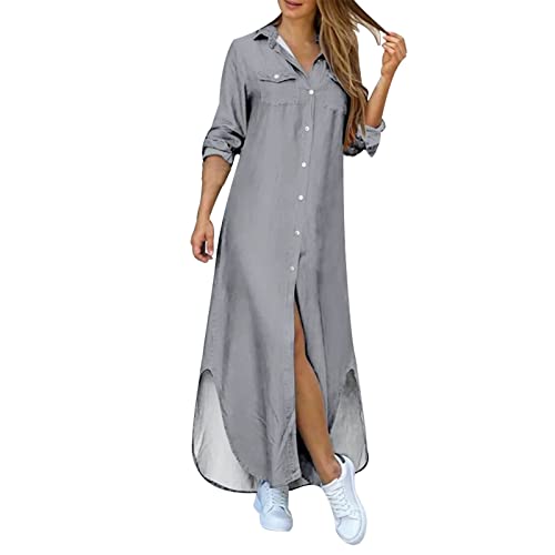 Vestido largo para mujer, vestido largo de blusa, vestido largo, cuello en V, tira de botones, manga larga, sexy, abertura lateral, vestido de playa, vestido de ocio, elegante vestido de verano, #004