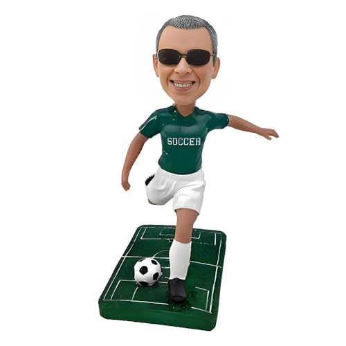 MEJELE Personalized Soccer Player Bobblehead, Custom Sports Figurine with Field Base, Green Jersey Based on Your Photo, Birthday Gift Desk Decoration