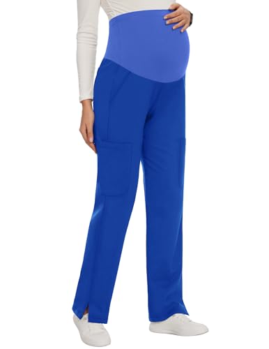 AMPOSH Women's Maternity Scrub Pants with 6 Pockets Stretchy Straight Leg Pregnancy Workwear(Royal Blue, L)