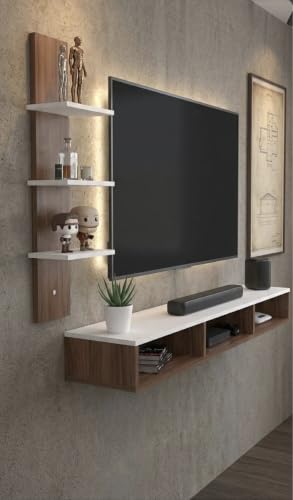 Image of 32 inches Broad Based Engineered Wood Wall Mount TV Entertainment Unit with Single Pillar Decor Shelves, Best Suits 42 inches tv