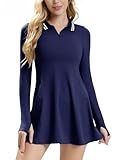 Ecupper Women Long Sleeve Golf Dress Zipper Collared Workout Polo Tennis Dress Athletic Outfits With Shorts For Active Sports Navy Blue 2Xl