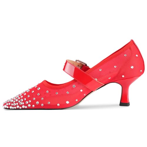 Image of Women's Mesh Closed Pointed Toe Heels Rhinestone Ankle Strap Buckle Kitten Heeled Mary Jane Pumps Dressy Prom Wedding Sandals Shoes 2 inch