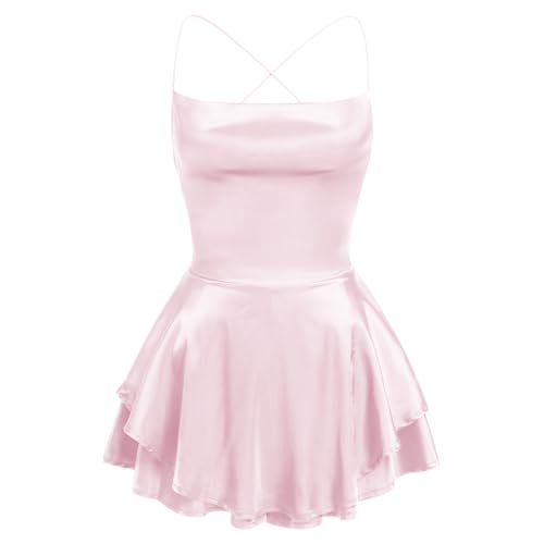 Image of AGYMNX Women Sexy Spaghetti Strap Satin Dress Sleeveless Low Cut Backless Short Romper Dress Party Jumpsuit Mini Sundress
