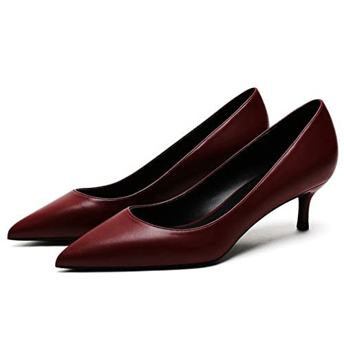 HOUYTYU Tacones Comfortable Leather Women's Simple Wedding Shoes Bride's Low, Medium and Thin High-Heeled Office Shoes Women's(Red,4)