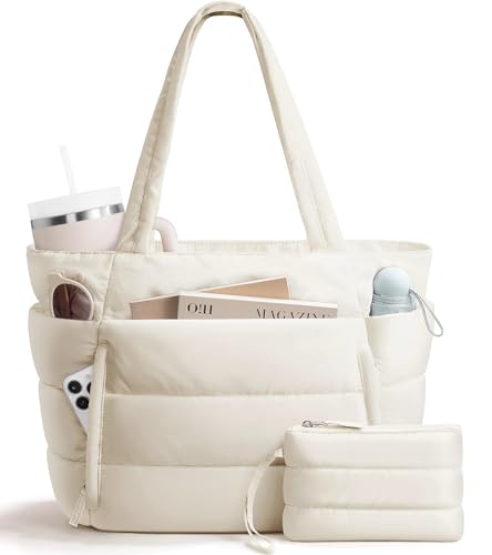 Bagstellar Puffer Tote Bag for Women, Lightweight Puffy Work Handbag Teacher Nurse Quilted Shoulder Bag for School Travel Gym
