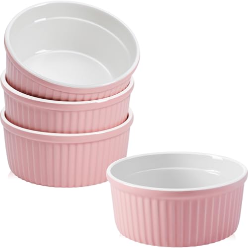 NUTRIUPS Pink Ramekins 14oz Oven Safe Set of 4 Porcelain Pudding Cups for Creme Brulee Souffle Ceramic Ramekins Set for Baking