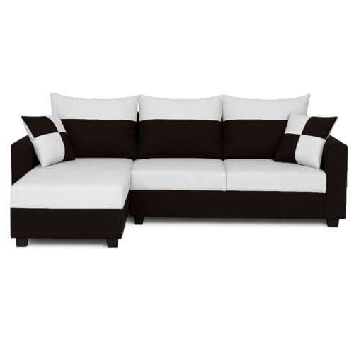 Image of FURNY Arissa 4 Seater Fabric LHS L Shape Sofa Set with Extra Cushions (Light Grey-Black) Premium Velvet Finish | Ideal of Living Room
