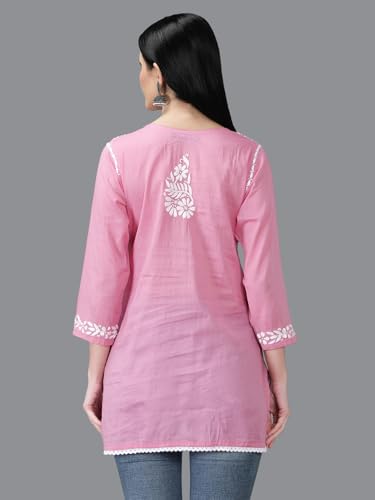 Image of Seva Chikan Hand Embroidered Lucknowi Chikankari Cotton Short Top Tunic for Women SCL9017