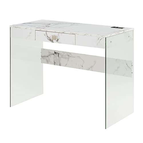 Convenience Concepts Soho Glass Desk With Charging Station, 42", Faux White Marble #TOP28