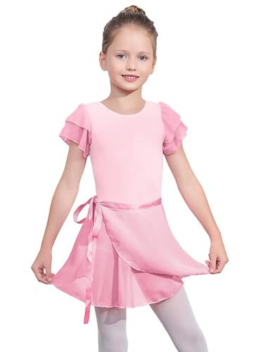 Image of EQSJIU Ballet Leotards for Girls with Removable Skirt Combo Tie Ruffle Sleeve Ballet Dance Dress Outfit 2-12 Years