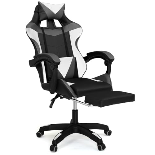 IDMarket - Fauteuil de Gaming Alex réglable avec Repose-Pied, Coussin de tête et Coussin Lombaire Noir Blanc et Gris