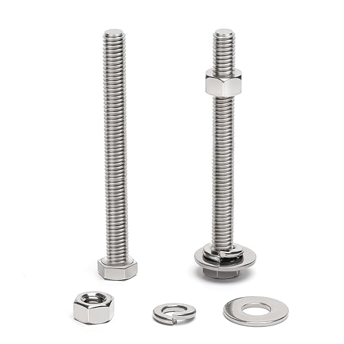 (6 Sets) 3/8-16 x 4 Hex Head Screw Bolt, Nuts, Flat Washer &amp; Spring Lock Washers, 18-8 (304) Stainless Steel, Fully Threaded, by Skvltvfyt