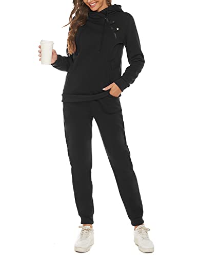 JENJON Conjunto Deporte Mujer Completo 2 piezas Manga Larga Pullover de Casa con Capucha Cremallera + Pantalones Casual de Otoño Invierno Yoga Fitness Negro S