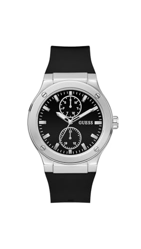 Montre Homme GUESS 45mm avec bracelet en silicone noir et boîtier argenté élégant