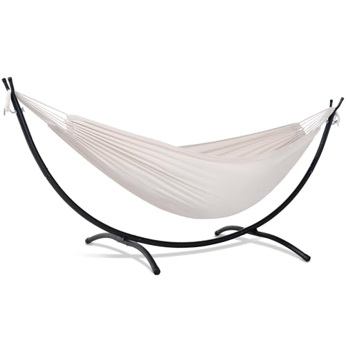 Listado de Hamacas para comprar hoy. 41 SUNCREAT Hamaca portátil para exteriores con soporte incluido, hamaca doble con soporte para exterior, beige