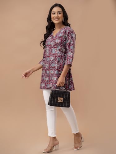 Image of feranoid Floral Print Angrakha 3 Sleeves Flared Kurti
