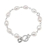 Hand Wired Freshwater Cultured Baroque Pearls Linked Heart Charm Toggle Bracelet
