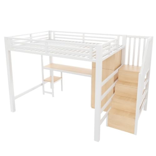 Merax Metall-Hochbett 140x200 mit Schreibtisch, Regal, Kleiderschrank, Stauraumtreppe und LED-Licht – Weiß, Ideal für Kinderzimmer, Jugendzimmer und kleine Apartments